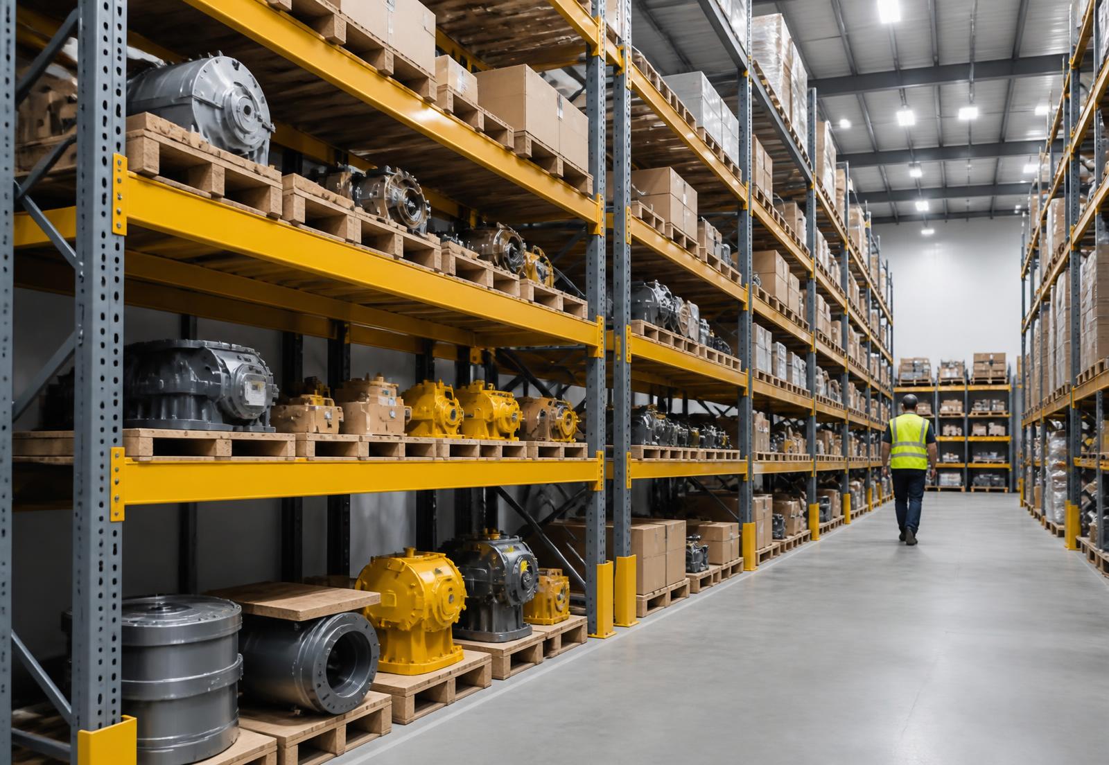 Warehouse aisle stocked with heavy equipment spare parts
